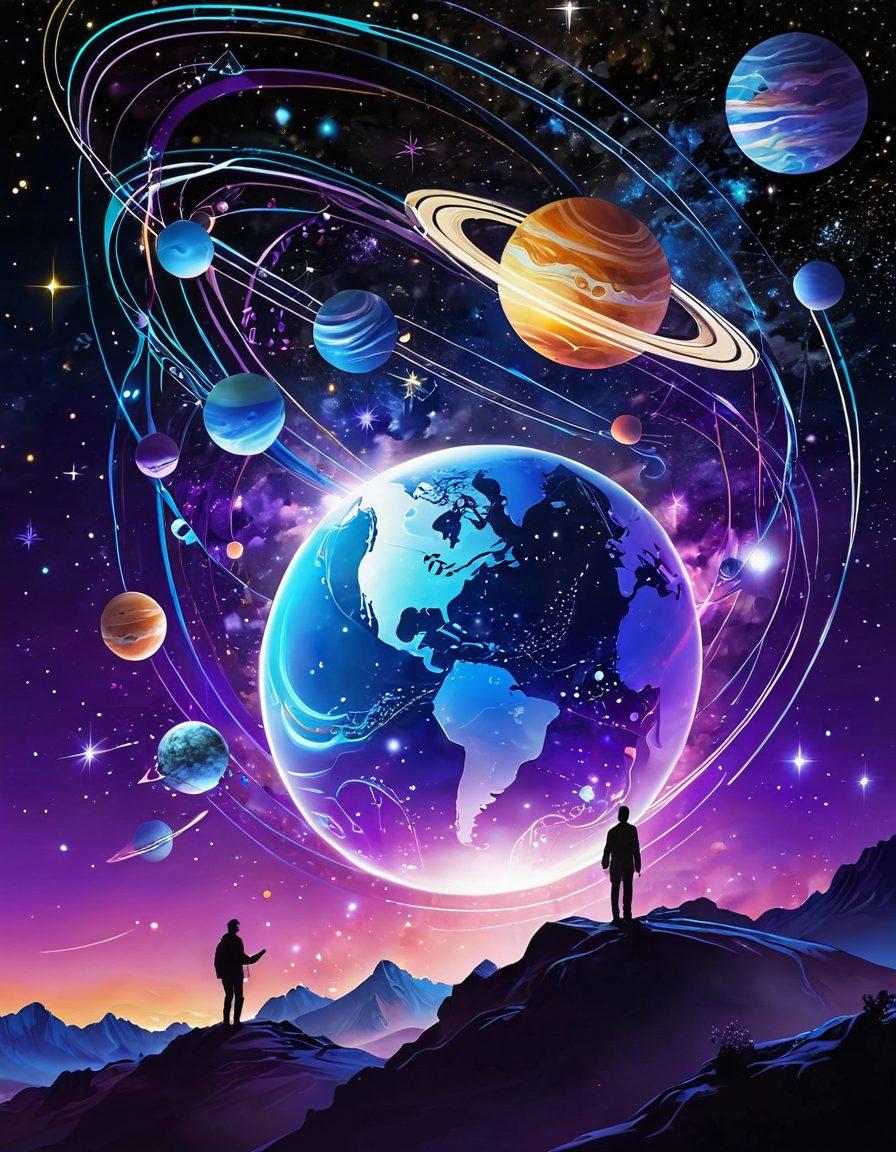 A cosmic landscape featuring interconnected digital networks symbolizing communication and satisfaction, with vibrant stars and planets in the background. Visual elements like glowing screens and data streams radiating positive energy and warmth, representing human connections. People from diverse backgrounds interacting through technology, showcasing joy and contentment. The color scheme should be bright and inviting, with a blend of blues, purples, and golden hues. digital illustration. vibrant colors. cosmic theme.