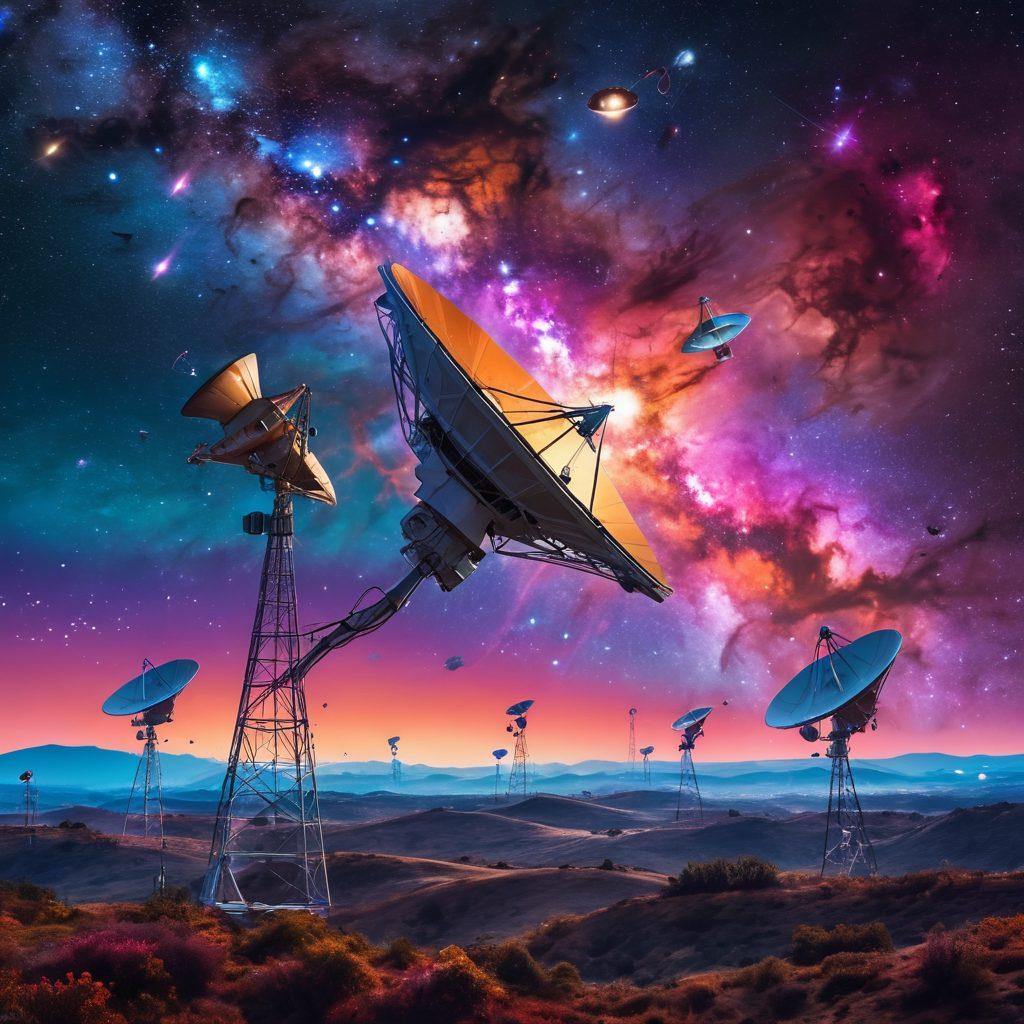 A mesmerizing cosmic scene featuring a vibrant galaxy merging seamlessly with futuristic telecommunication devices. Stars twinkle brightly in the background while satellite dishes and smartphones float through the cosmos, symbolizing the connection of the universe. Incorporate swirling nebulae in vivid colors that reflect a sense of wonder and technology. super-realistic. vibrant colors. cosmic theme.