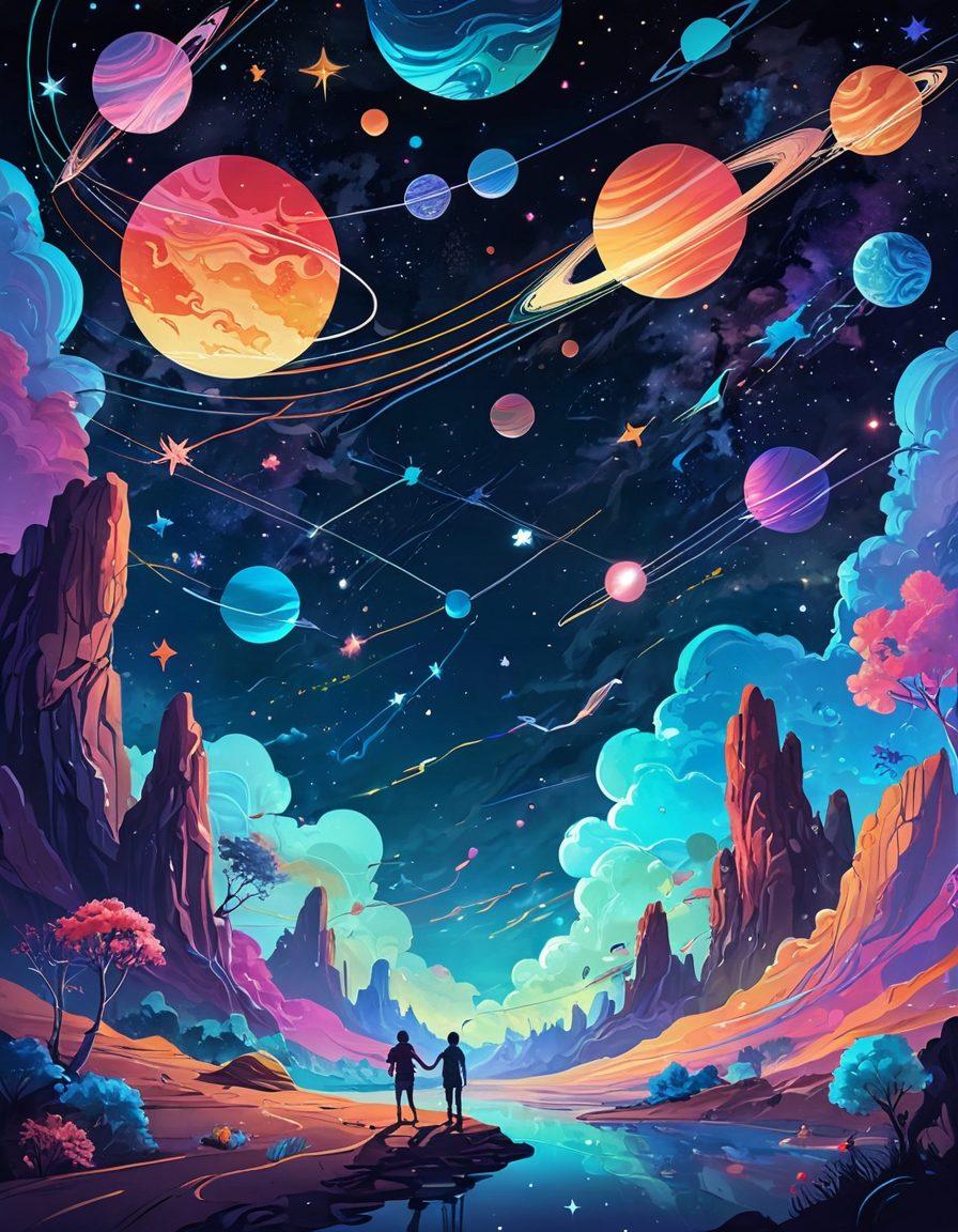 A whimsical cosmic landscape filled with vibrant planets and colorful stars, interconnected by glowing digital strings that symbolize communication. Illustrate joyful figures representing diverse cultures exchanging messages through these connections, with elements like holograms and digital symbols floating around. The night sky is filled with softly glowing nebulae, adding a magical touch. digital art. vibrant colors. cosmic theme.